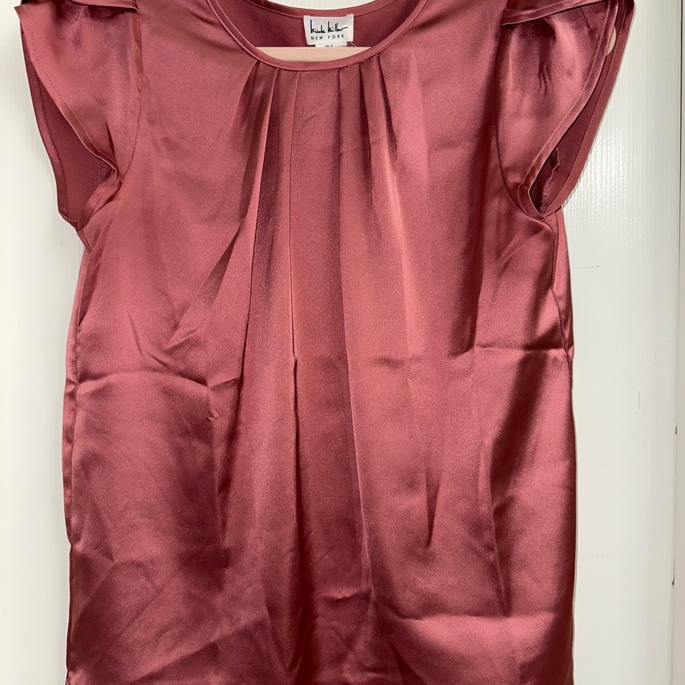 Nicole Miller Red Flutter Sleeve Pleated Blouse